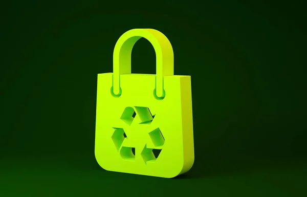Bolsa de compras de papel amarillo con icono de reciclaje aislado sobre fondo verde. Bolsa con símbolo de reciclaje. Concepto minimalista. 3D ilustración 3D render —  Fotos de Stock