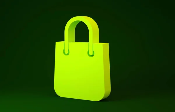 Желтый значок торговой сумки выделен на зеленом фоне. Знак посылки. Концепция минимализма. 3D-рендеринг — стоковое фото