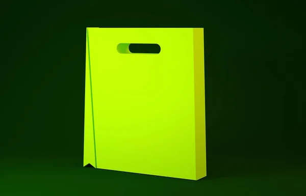 Amarelo ícone saco de compras de papel isolado no fundo verde. Assinatura do pacote. Conceito de minimalismo. 3D ilustração 3D render — Fotografia de Stock