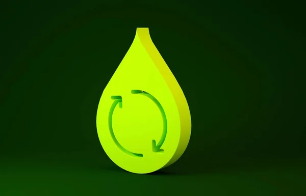 Желтый значок Recycle clean aqua изолирован на зеленом фоне. Капля воды с утилизацией знаков. Концепция минимализма. 3D-рендеринг — стоковое фото