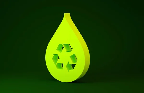 Amarillo Reciclar limpio icono de aqua aislado sobre fondo verde. Gota de agua con reciclaje de letreros. Concepto minimalista. 3D ilustración 3D render —  Fotos de Stock