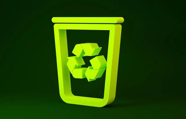 Papelera de reciclaje amarillo con icono de símbolo de reciclaje aislado sobre fondo verde. Icono de bote de basura. Cartel de basura. Reciclar signo de cesta. Concepto minimalista. 3D ilustración 3D render — Foto de Stock