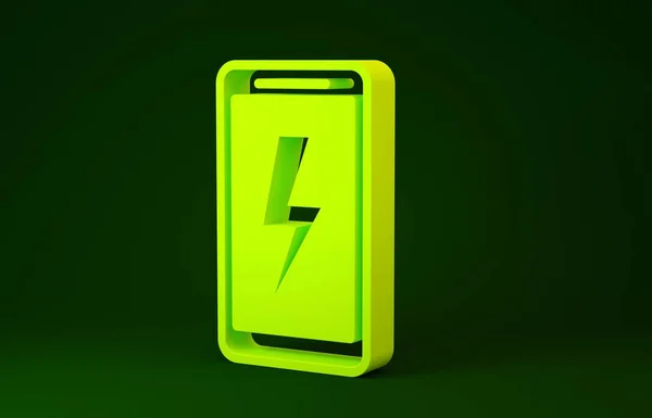 Icono de batería de carga de Smartphone amarillo aislado sobre fondo verde. Teléfono con una carga de batería baja. Concepto minimalista. 3D ilustración 3D render —  Fotos de Stock