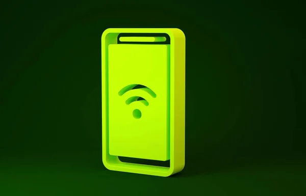 Gelbes Smartphone mit kostenlosem WLAN-Funkverbindungssymbol isoliert auf grünem Hintergrund. Drahtlose Technologie, Wi-Fi-Verbindung, drahtloses Netzwerk. Minimalismus-Konzept. 3D Illustration 3D Renderer — Stockfoto