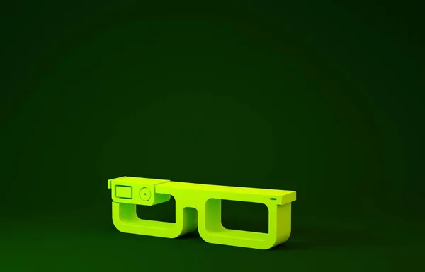 緑の背景に隔離された眼鏡アイコンに取り付けられた黄色のスマートグラス。カメラとディスプレイ付きのウェアラブル電子スマートグラス。最小限の概念。3Dイラスト3Dレンダリング — ストック写真