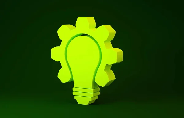 Yellow Light bulb and gear icon isolated on green background. Innovation concept. Business idea. Minimalism concept. 3d illustration 3D render — Stock Photo, Image