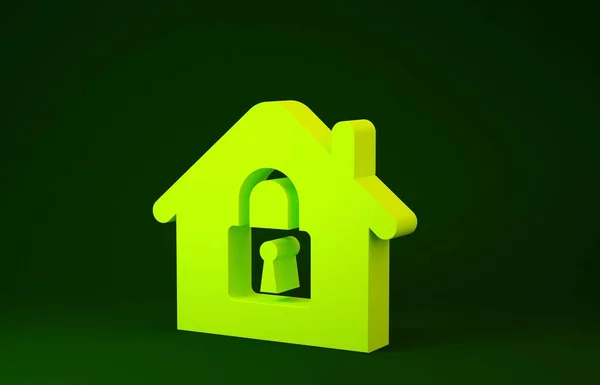 Yellow House under protection icon isolated on green background. Home and lock. Protection, safety, security, protect, defense concept. Minimalism concept. 3d illustration 3D render