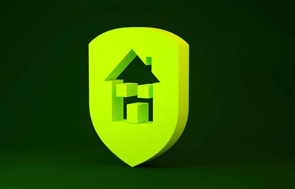 Sarı Ev, yeşil arka planda izole edilmiş koruma ikonu altında. Ev ve kalkan. Koruma, güvenlik, güvenlik, koruma, savunma konsepti. Minimalizm kavramı. 3d illüstrasyon 3B canlandırma — Stok fotoğraf