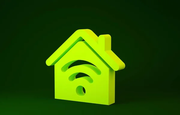 Casa inteligente amarilla con icono wi-fi aislado sobre fondo verde. Control remoto. Concepto minimalista. 3D ilustración 3D render — Foto de Stock