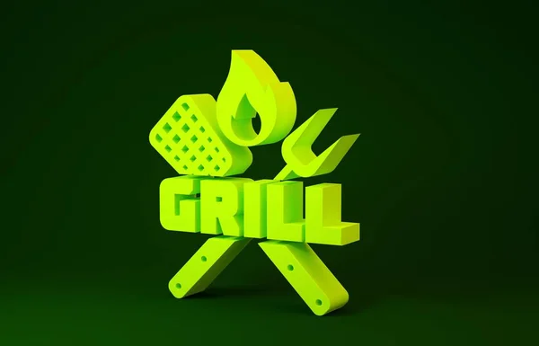 Yellow Crossed fork and spatula icon isolated on green background. Fire flame sign. BBQ fork and spatula sign. Barbecue and grill tools. Minimalism concept. 3d illustration 3D render — 스톡 사진