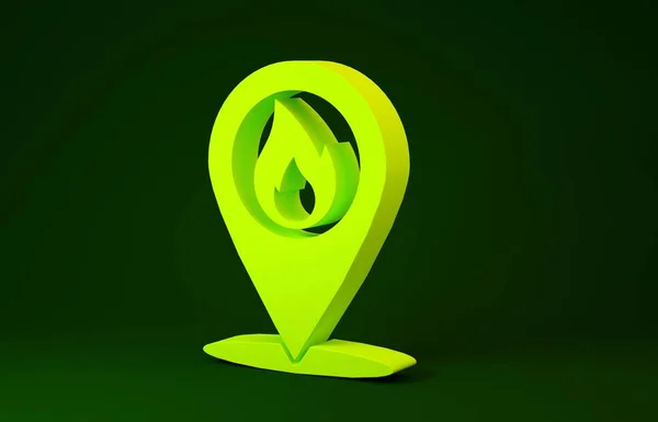 Желтый указатель на карте со значком огненного факела на зеленом фоне. Пожар поблизости. Концепция минимализма. 3D-рендеринг — стоковое фото