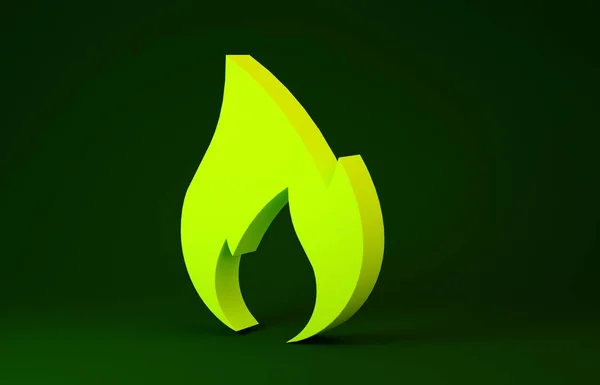 Ícone de chama de fogo amarelo isolado no fundo verde. Símbolo de calor. Conceito de minimalismo. 3D ilustração 3D render — Fotografia de Stock