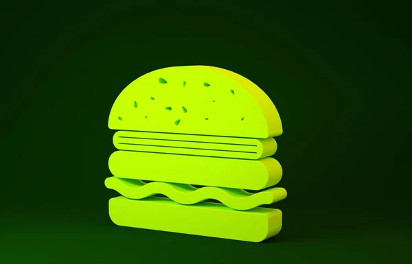 Ikon Yellow Burger diisolasi pada latar belakang hijau. Ikon hamburger. Cheeseburger sandwich sign. Konsep minimalisme. Tampilan 3D ilustrasi 3d — Stok Foto