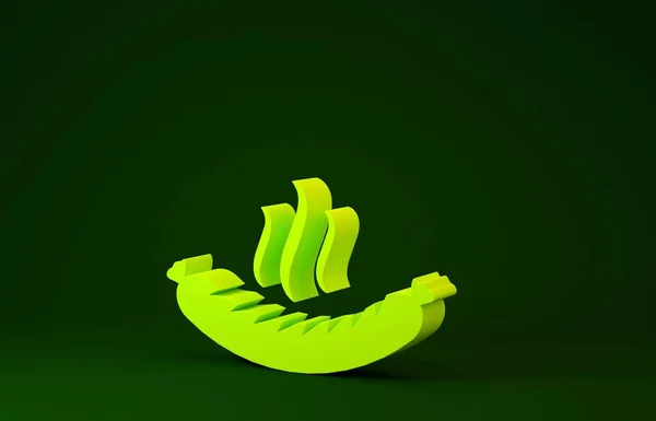 Gele worst met stoompictogram geïsoleerd op groene achtergrond. Gegrilde worst en aroma teken. Minimalisme concept. 3d illustratie 3d renderen — Stockfoto