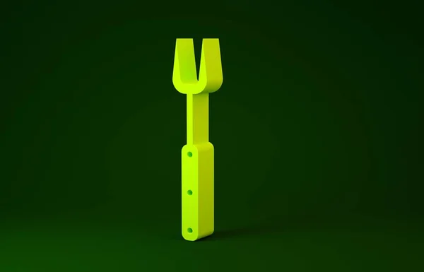 Žlutá ikona grilovací vidlice izolovaná na zeleném pozadí. BBQ vidlice. Gril a gril. Minimalismus. 3D ilustrace 3D vykreslení — Stock fotografie