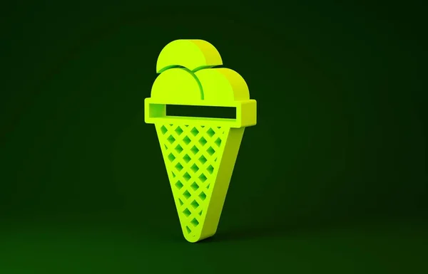 Sárga fagylalt gofri kúp ikon elszigetelt zöld alapon. Édes szimbólum. Minimalizmus koncepció. 3d illusztráció 3D render — Stock Fotó