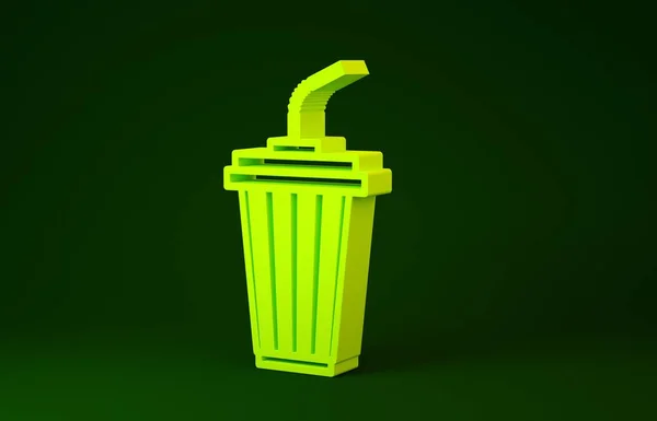 Жовте скло з водяним значком ізольовано на зеленому тлі. Сода п'є склянку з питною соломою. Свіжий символ холодного напою. Концепція мінімалізму. 3D ілюстрація 3D рендеринга — стокове фото