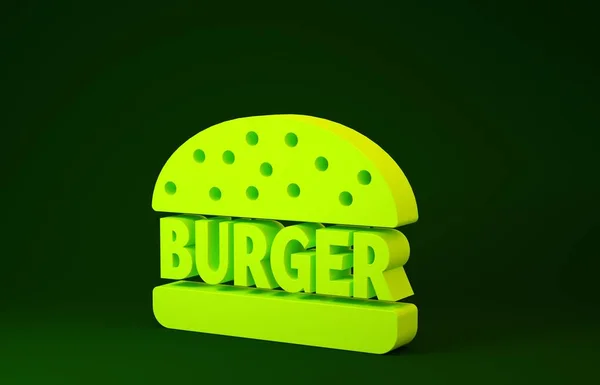 Ícone Burger amarelo isolado no fundo verde. Ícone de hambúrguer. Sinal de sanduíche de hambúrguer de queijo. Conceito de minimalismo. 3D ilustração 3D render — Fotografia de Stock