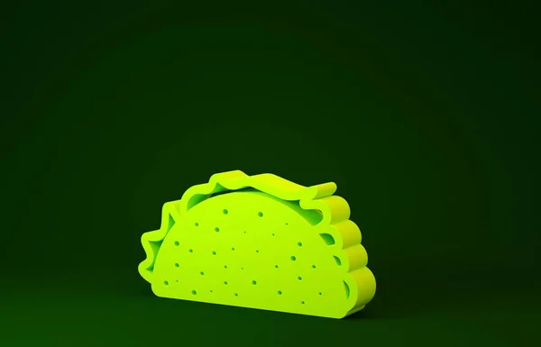 Желтый Taco с иконой тортильи на зеленом фоне. Традиционный мексиканский фаст-фуд. Концепция минимализма. 3D-рендеринг — стоковое фото