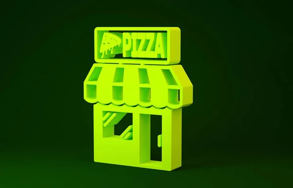 Ikon fasad bangunan Yellow Pizzeria diisolasi dengan latar belakang hijau. Makanan cepat saji kios pizza. Konsep minimalisme. Tampilan 3D ilustrasi 3d — Stok Foto