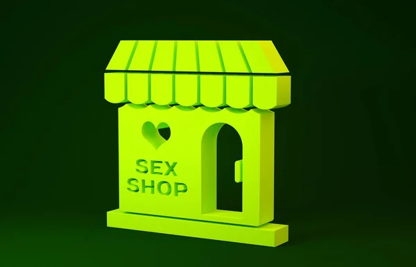 Yellow Sex shop building with striped awning icon isolated on green background. Sex shop, online sex store, adult erotic products concept. Minimalism concept. 3d illustration 3D render
