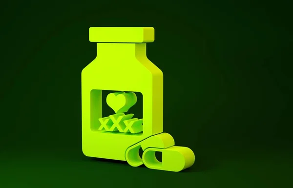 Flacone di medicina gialla con pillole per la potenza, icona afrodisiaca isolata su sfondo verde. Pillole sessuali per uomini e donne. Concetto minimalista. Illustrazione 3d rendering 3D — Foto Stock