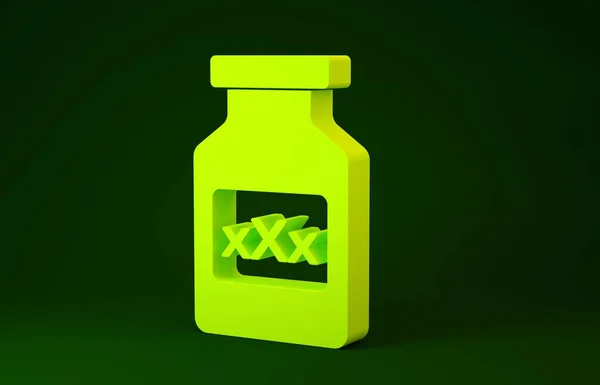 Sarı ilaç şişesi, etki için haplar yeşil arka planda izole edilmiş afrodizyak ikonu. Erkekler ve kadınlar için seks hapları. Minimalizm kavramı. 3d illüstrasyon 3d canlandırma — Stok fotoğraf