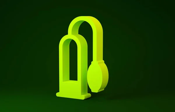 Icono de bomba de pene amarillo aislado sobre fondo verde. Ampliador de pene. Juguete sexual para hombres. Bomba de vacío con un ventilador para aumentar el pene. Concepto minimalista. 3D ilustración 3D render —  Fotos de Stock