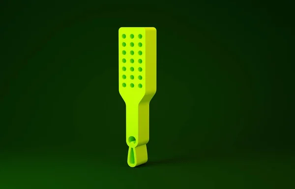 Gelbes Prügel-Paddel-Symbol isoliert auf grünem Hintergrund. Fetisch-Accessoire. Sexspielzeug für Erwachsene. Minimalismus-Konzept. 3D Illustration 3D Renderer — Stockfoto
