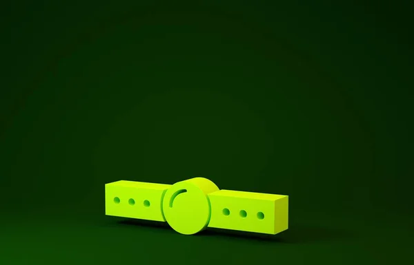 Mordaza bola de silicona amarilla con un icono de cinturón de cuero aislado sobre fondo verde. Accesorio fetichista. Juguete sexual para hombres y mujeres. Concepto minimalista. 3D ilustración 3D render —  Fotos de Stock