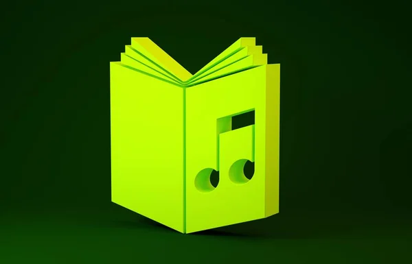 Yellow Audio book icon isolated on green background. Musical note with book. Audio guide sign. Online learning concept. Minimalism concept. 3d illustration 3D render