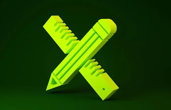 Yellow Crossed ruler and pencil icon isolated on green background. Straightedge symbol. Drawing and educational tools. Minimalism concept. 3d illustration 3D render — 스톡 사진