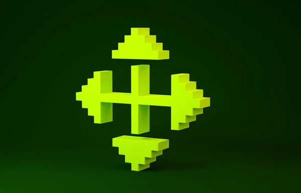 Flechas de pixel amarelo em quatro direções ícone isolado no fundo verde. Sinal de movimento do cursor. Conceito de minimalismo. 3D ilustração 3D render — Fotografia de Stock