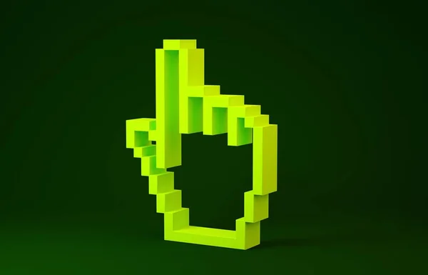 Sárga Pixel kéz kurzor ikon elszigetelt zöld alapon. Mutatókéz kurzor. Minimalizmus koncepció. 3d illusztráció 3d render — Stock Fotó