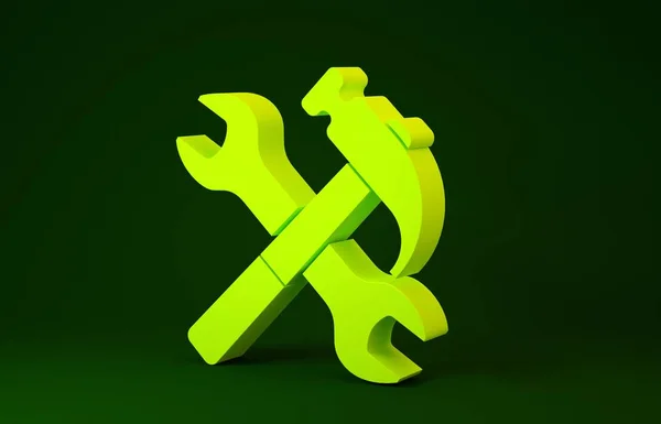 Yellow Crossed hammer and wrench icon isolated on green background. Hardware tools. Minimalism concept. 3d illustration 3D render — 스톡 사진