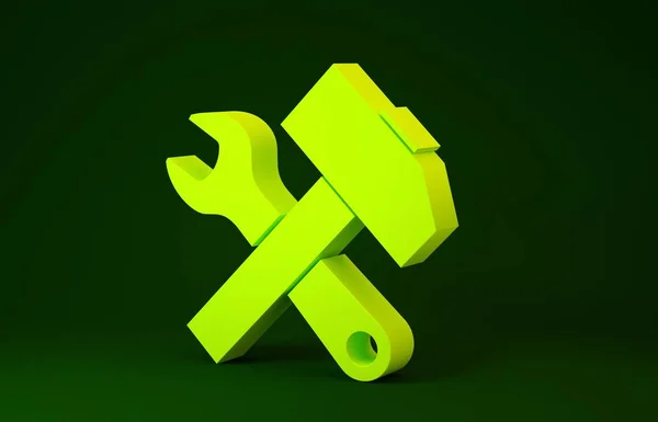 Amarillo Martillo cruzado e icono de la llave inglesa aislado sobre fondo verde. Herramientas de hardware. Concepto minimalista. 3D ilustración 3D render —  Fotos de Stock