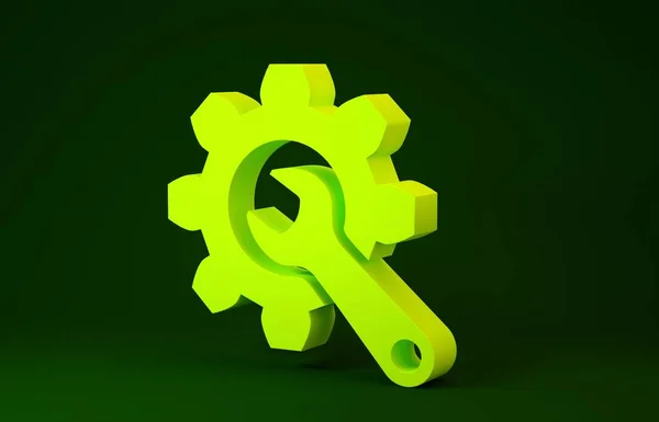 Llave amarilla e icono de engranaje aislados sobre fondo verde. Ajuste, servicio, ajuste, mantenimiento, reparación, fijación. Concepto minimalista. 3D ilustración 3D render —  Fotos de Stock