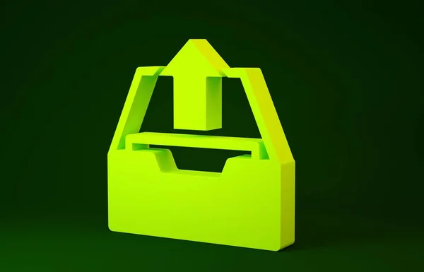 Ícone amarelo da caixa de entrada do upload isolado no fundo verde. Extraia arquivos do arquivo. Conceito de minimalismo. 3D ilustração 3D render — Fotografia de Stock