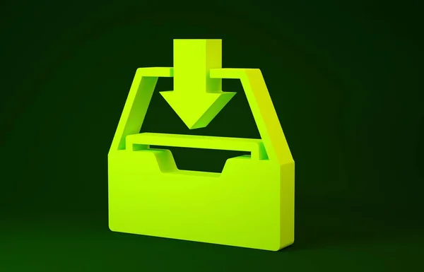 Icono de bandeja de entrada amarillo Descargar aislado sobre fondo verde. Añadir al archivo. Concepto minimalista. 3D ilustración 3D render — Foto de Stock