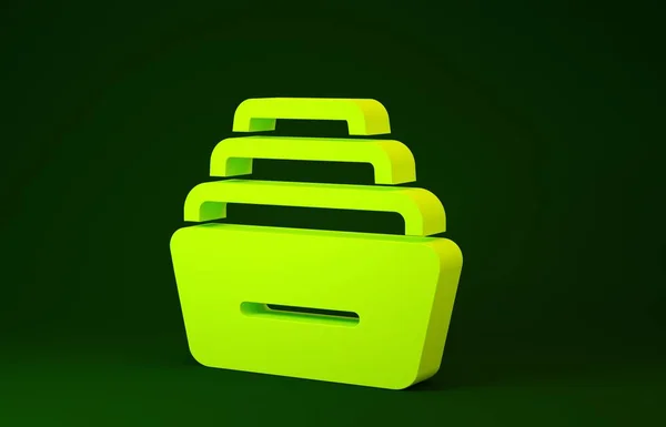 Жовта шухляда з значком документів ізольована на зеленому тлі. Архівний ящик паперів. Ящик для файлової шафи. Офісні меблі. Концепція мінімалізму. 3D ілюстрація 3D рендеринга — стокове фото