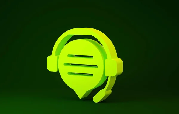 Gelbe Kopfhörer mit Sprechblasen-Chat-Symbol isoliert auf grünem Hintergrund. Kundendienst, Hotline, Call Center, Faq, Wartung. Minimalismus-Konzept. 3D Illustration 3D Renderer — Stockfoto