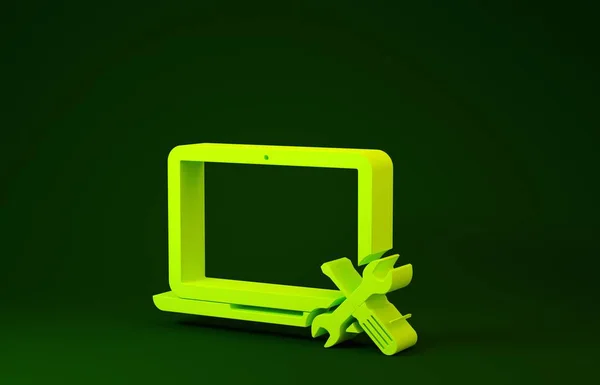 Gul bärbar dator med skruvmejsel och skiftnyckel ikon isolerad på grön bakgrund. Justering, service, inställning, underhåll, reparation, fixering. Minimalistiskt koncept. 3D-illustration 3D-återgivning — Stockfoto