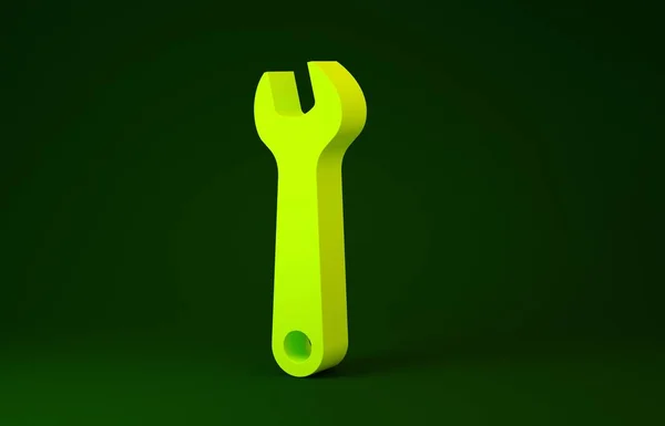 Icono de la llave amarilla aislado sobre fondo verde. Herramienta de reparación de llave. Símbolo herramienta de servicio. Concepto minimalista. 3D ilustración 3D render —  Fotos de Stock