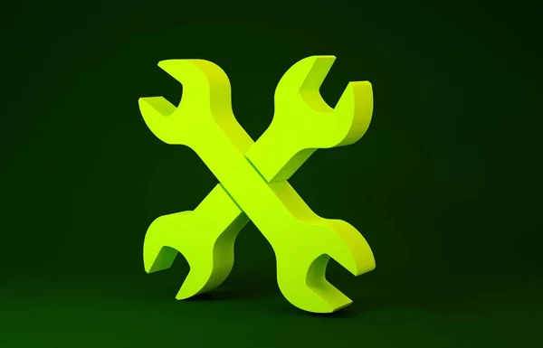 Κίτρινα σταυρωμένα κλειδιά εικονίδιο απομονώνονται σε πράσινο φόντο. Εργαλείο επισκευής κλειδιών. Σύμβολο εργαλείου υπηρεσίας. Μινιμαλιστική έννοια. 3D απεικόνιση 3d καθιστούν — Φωτογραφία Αρχείου
