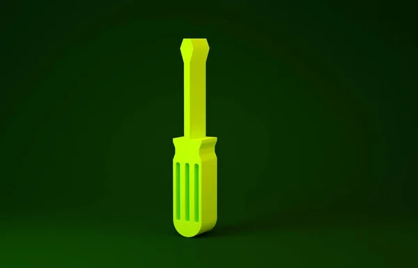 Icona gialla del cacciavite isolato su sfondo verde. Simbolo strumento di servizio. Concetto minimalista. Illustrazione 3d rendering 3D — Foto Stock