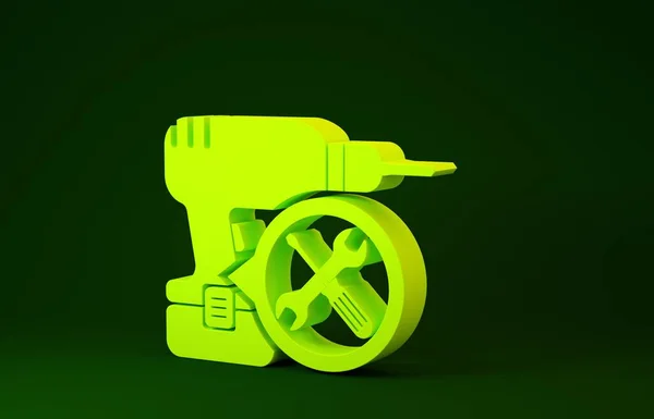 Yellow Drill machine with screwdriver and wrench icon isolated on green background. Adjusting, service, setting, maintenance, repair, fixing. Minimalism concept. 3d illustration 3D render — 스톡 사진