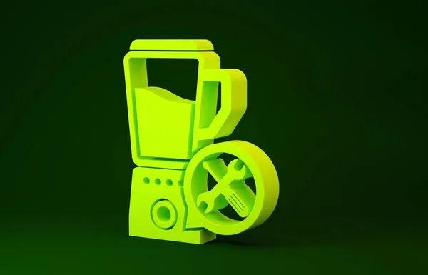 Желтый блендер с отверткой и значком гаечного ключа на зеленом фоне. Регулировка, обслуживание, настройка, обслуживание, ремонт, фиксация. Концепция минимализма. 3D-рендеринг — стоковое фото
