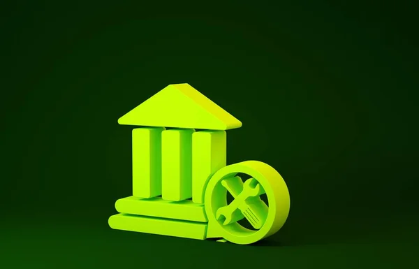 Gul Bank byggnad med skruvmejsel och skiftnyckel ikon isolerad på grön bakgrund. Justering, service, inställning, underhåll, reparation, fixering. Minimalistiskt koncept. 3D-illustration 3D-återgivning — Stockfoto