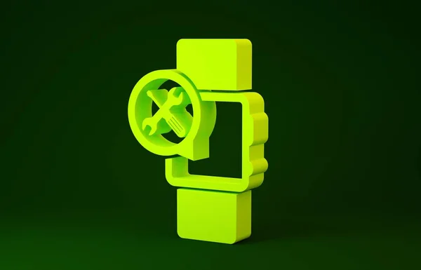 Reloj inteligente amarillo con destornillador e icono de llave inglesa aislado sobre fondo verde. Ajuste, servicio, ajuste, mantenimiento, reparación, fijación. Concepto minimalista. 3D ilustración 3D render —  Fotos de Stock