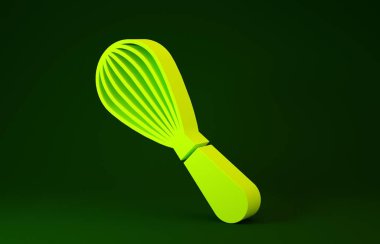 Sarı Mutfak çırpma simgesi yeşil arkaplanda izole edildi. Mutfak aletleri, yumurta çırpıcı. Çatal bıçak seti. Yemek karışımı sembolü. Minimalizm kavramı. 3d illüstrasyon 3B canlandırma